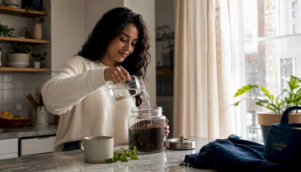Home kitchen with a woman preparing cold brew coffee