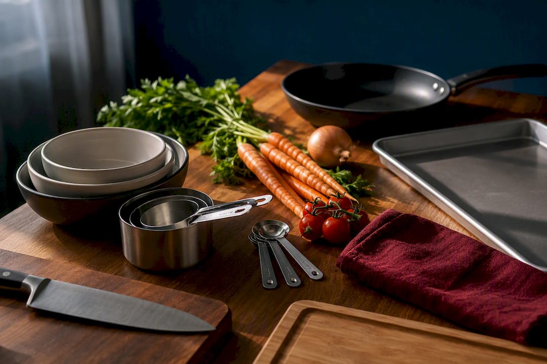 Starter kitchen tools arranged on island
