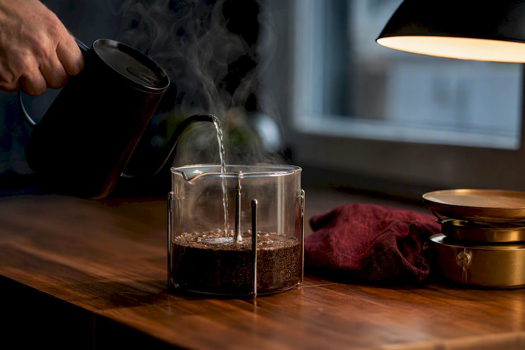 Water poured over French press coffee grounds