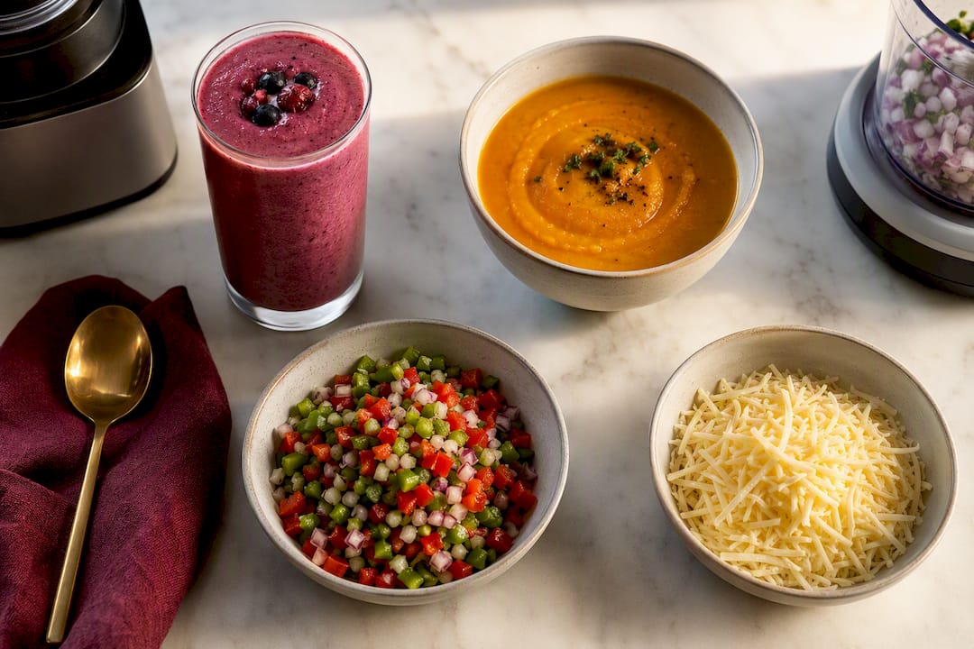 Smooth and chopped food comparison on kitchen island