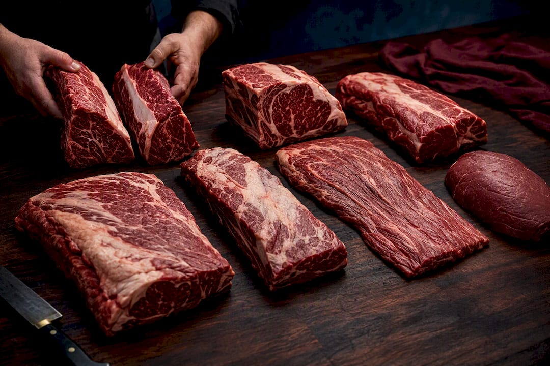 Eight beef primal cuts arranged on butcher block
