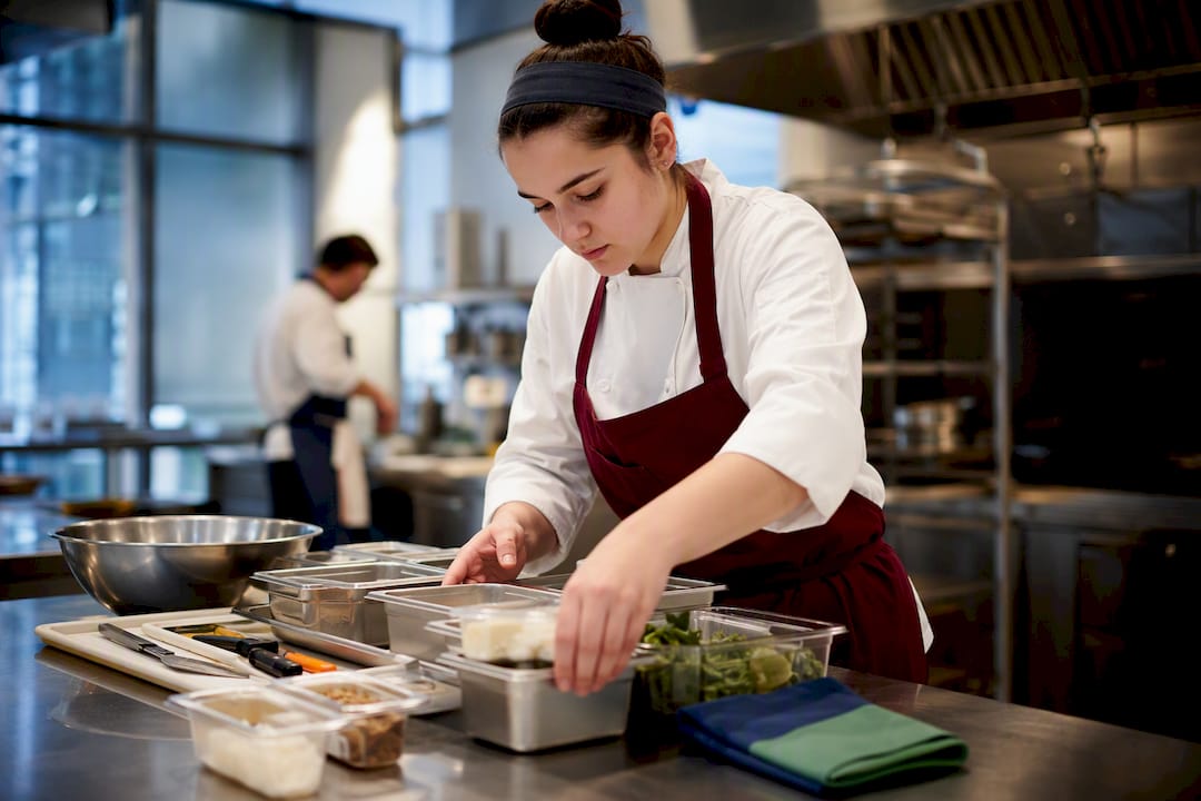 Culinary student preparing a training kitchen station