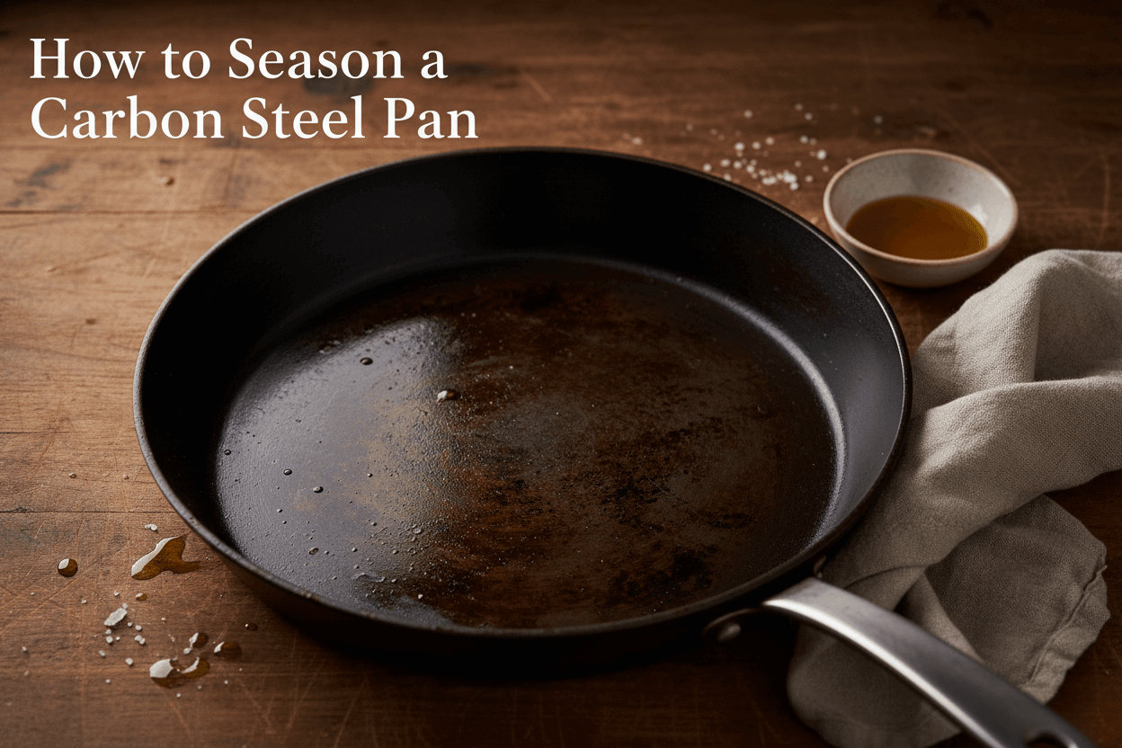 A seasoned black carbon steel frying pan on a stovetop burner