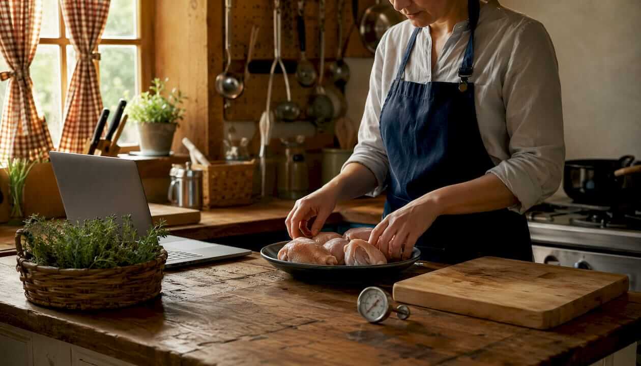 Home cook handling raw chicken safely