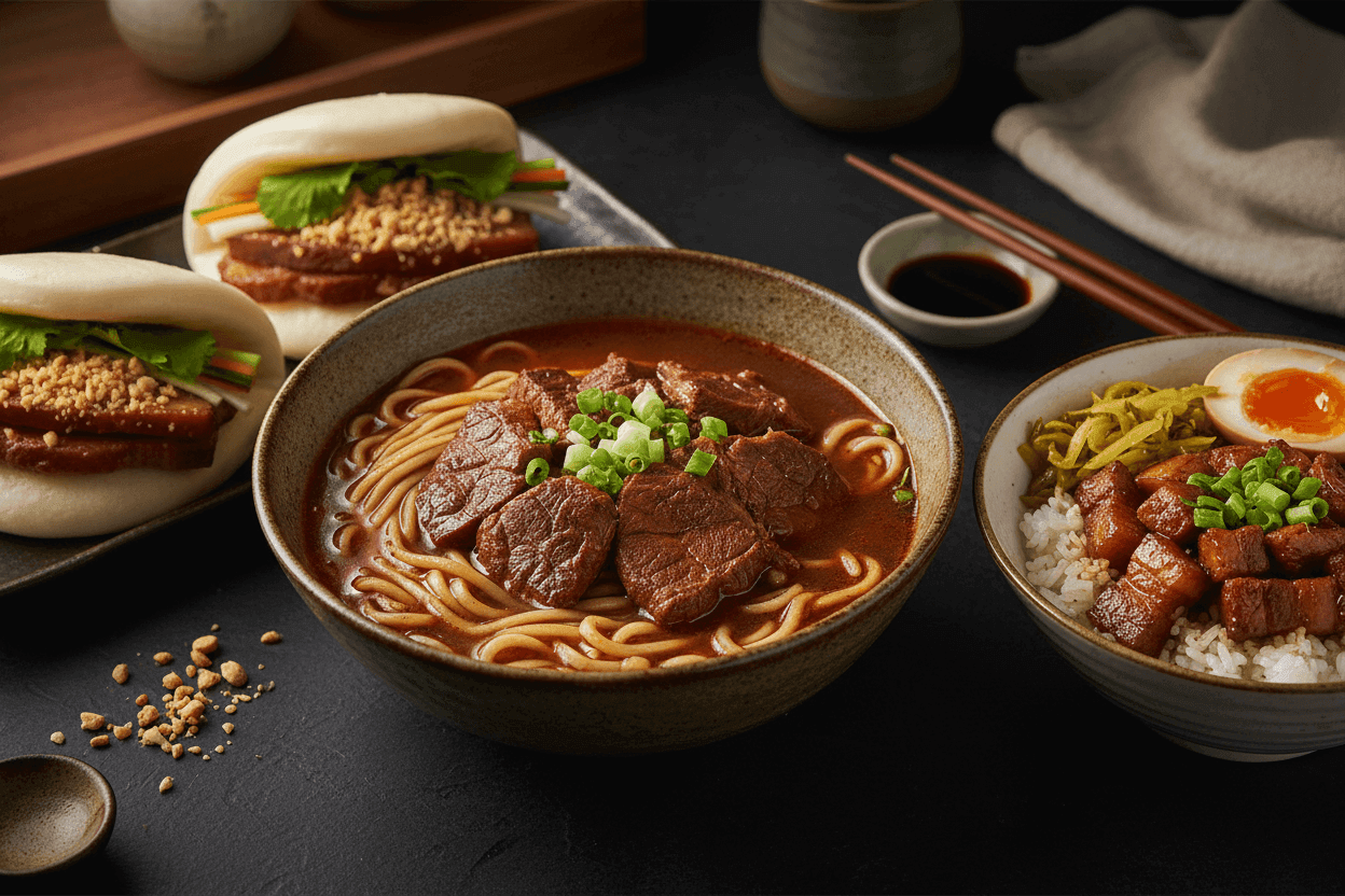 Big Three": Beef Noodle Soup, Lu Rou Fan (Braised Pork Rice), and Gua Bao (Steamed Pork Buns
