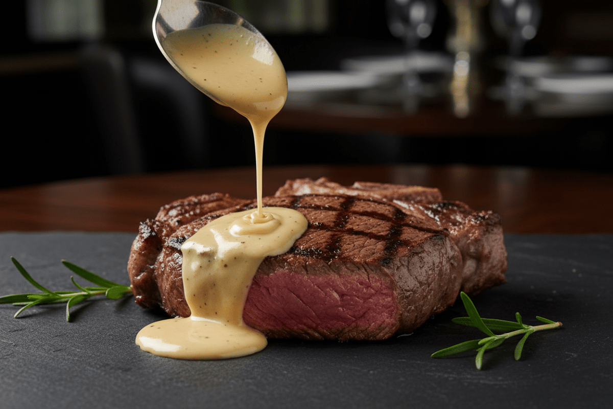 Bearnaise Sauce spooned over a sliced Steak