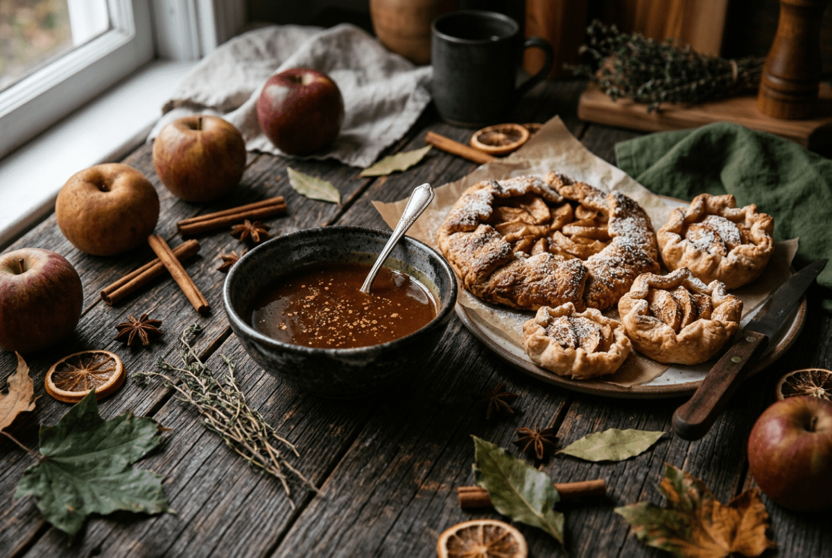 Hard Apple Cider Reduction in a black bowl with a spoon and apple tart dessert