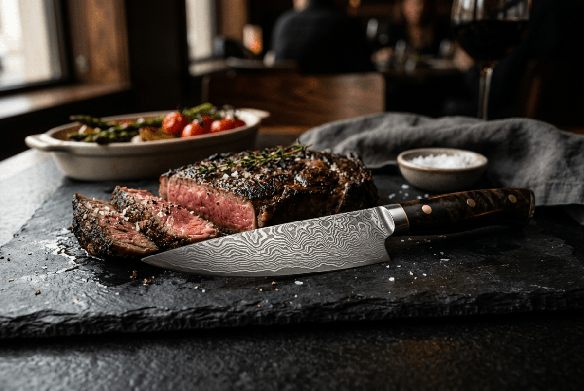 Damascus Chef Knife leaning against a London Broil Steak on a granite plate in a kitchen