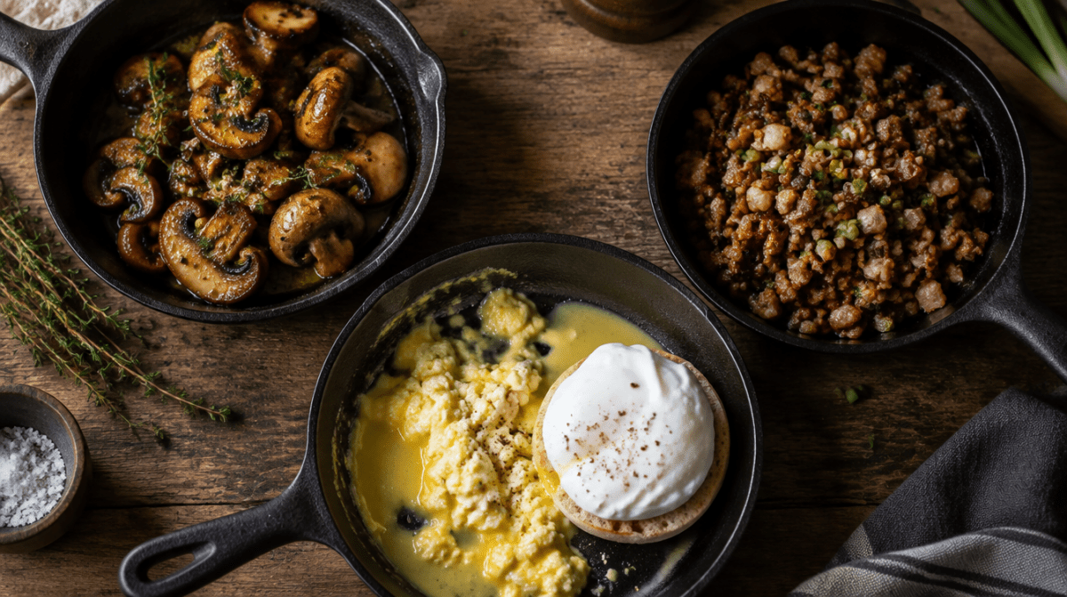 Three pans on a rustic wood counter: seared mushrooms, eggs benedict with hollandaise, and sizzling sisig