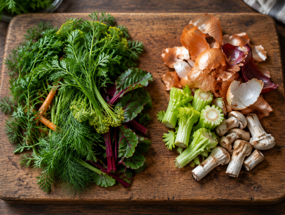 Vegetable trimmings sorted into flavor-forward scraps and stockpot scraps on a wood cutting board