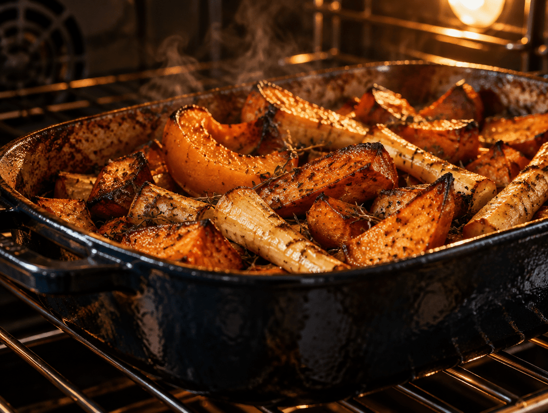 Deeply caramelized butternut squash, parsnips, and sweet potato in a heavy enameled cast iron roasting pan