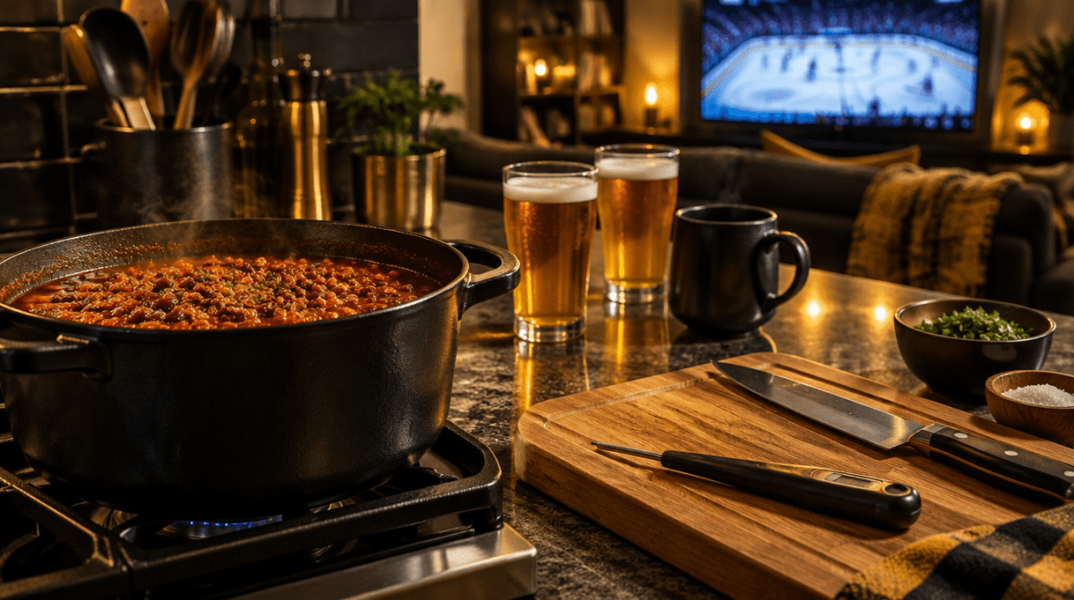 A pot of chili simmering on a gas stove in a warm kitchen, with a thermometer and chef's knife on a wooden board, two glasses of beer and a mug on the counter, and a hockey game on the TV behind