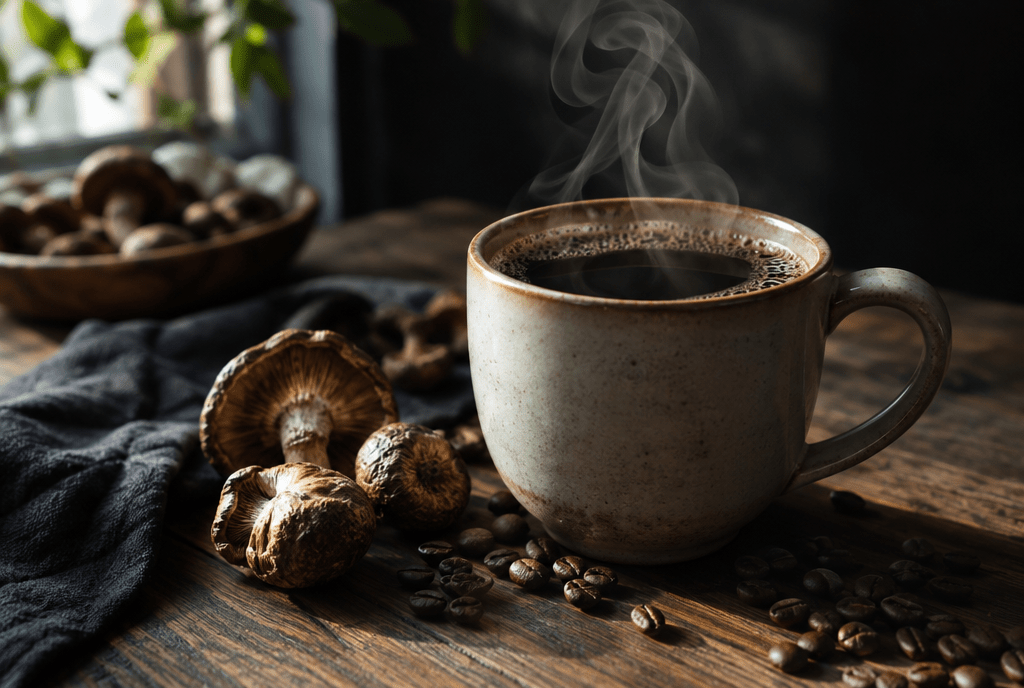 Mug of dark mushroom coffee beside dried mushrooms and coffee beans