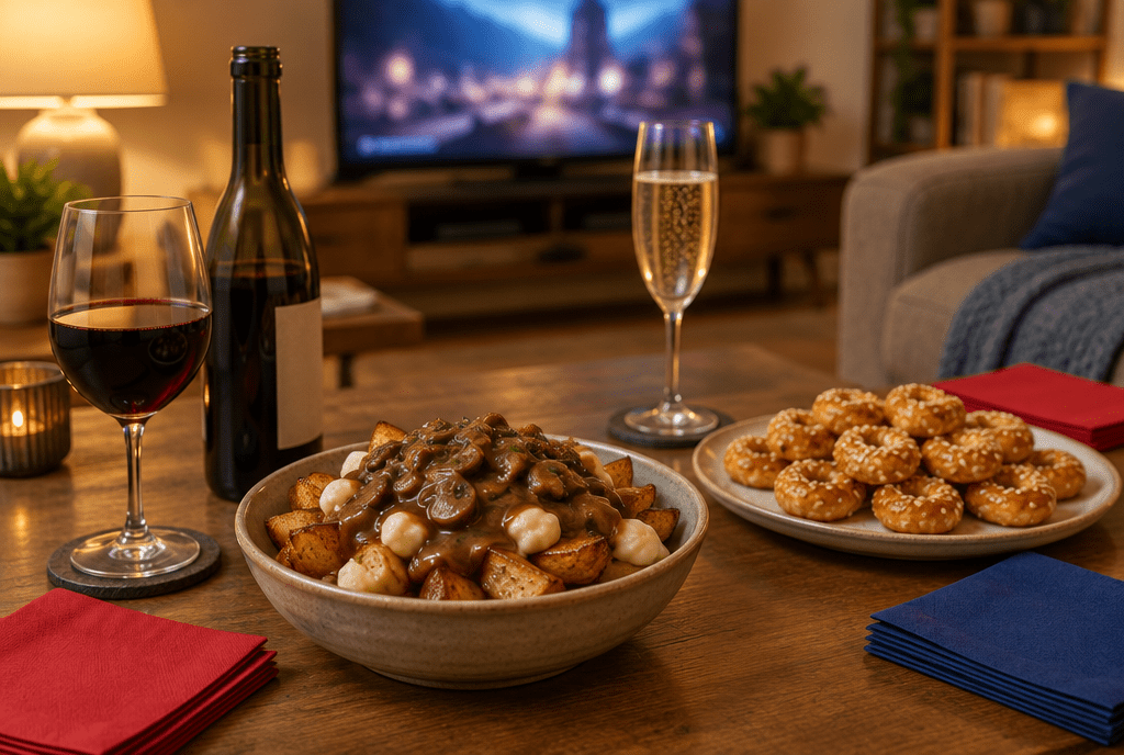 Game night coffee table with poutine bites, honey sesame pastry bites, red wine and sparkling wine