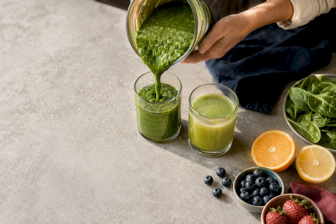Blended smoothie and strained juice glasses