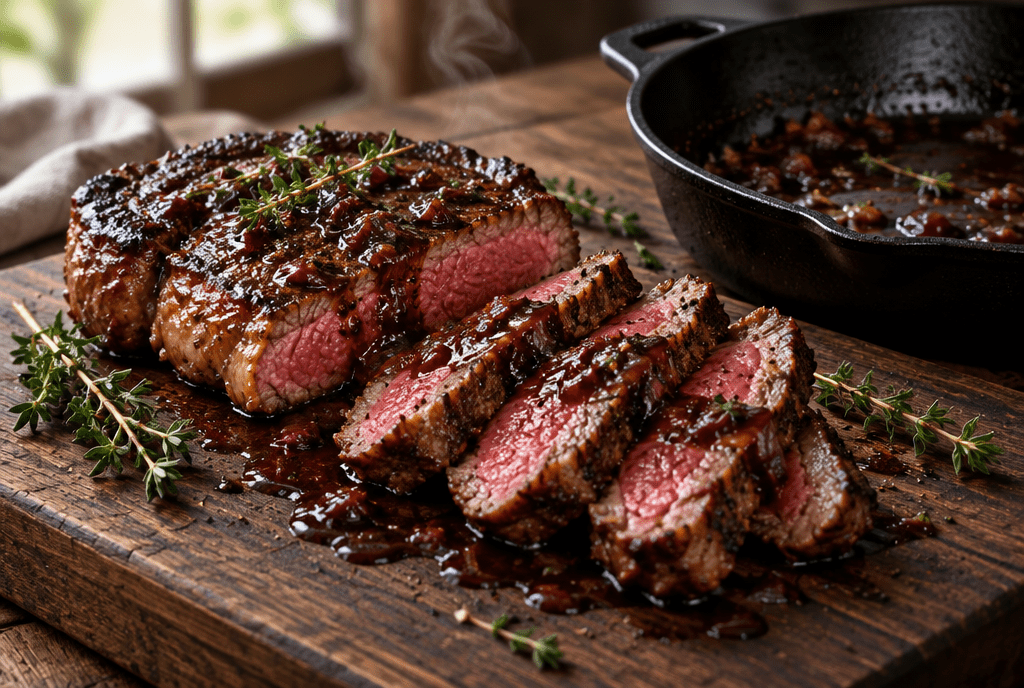 Sliced pan seared ribeye with a glossy red wine pan sauce on a wooden board beside a cast iron skillet
