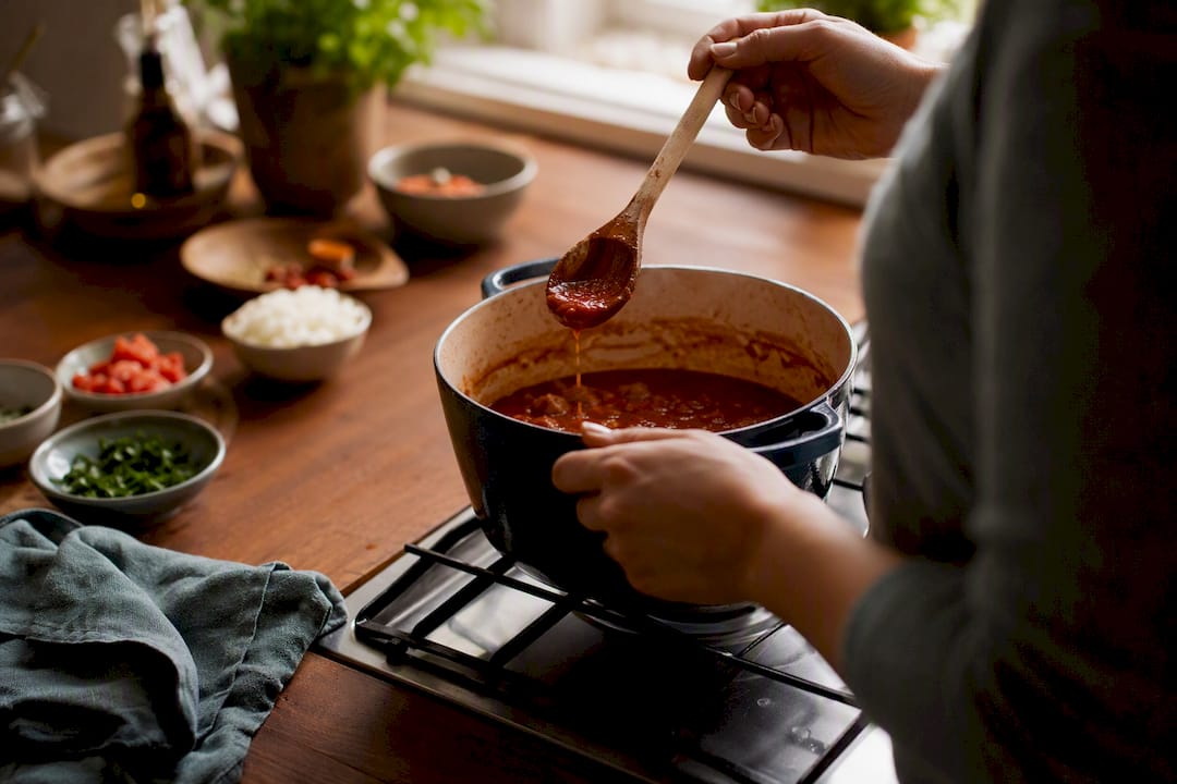 Hands tasting and testing a recipe on stove