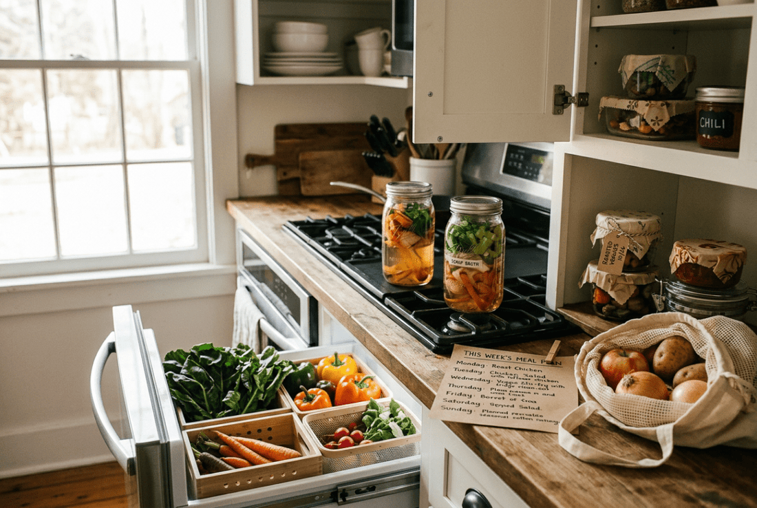 Kitchen counter with two jars of sliced vegetables on the stove, a handwritten weekly meal plan, a fridge drawer of fresh greens and peppers, and a cloth bag of apples and potatoes
