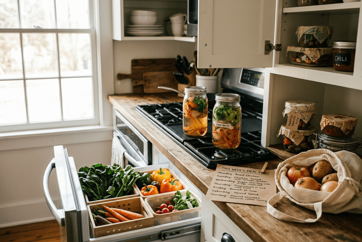 Kitchen counter with two jars of sliced vegetables on the stove, a handwritten weekly meal plan, a fridge drawer of fresh greens and peppers, and a cloth bag of apples and potatoes