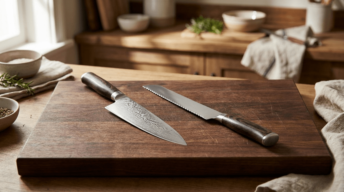 straight edge chef knife next to a serrated bread knife on a wood board