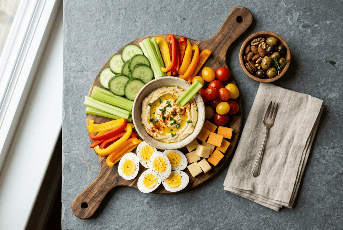 Low carb vegetarian snacks on a wooden board: raw vegetable sticks, hummus, hard boiled eggs, cheese cubes, cherry tomatoes, nuts, and olives
