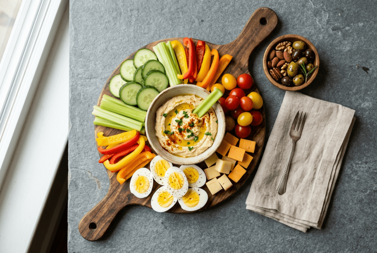 Low carb vegetarian snacks on a wooden board: raw vegetable sticks, hummus, hard boiled eggs, cheese cubes, cherry tomatoes, nuts, and olives