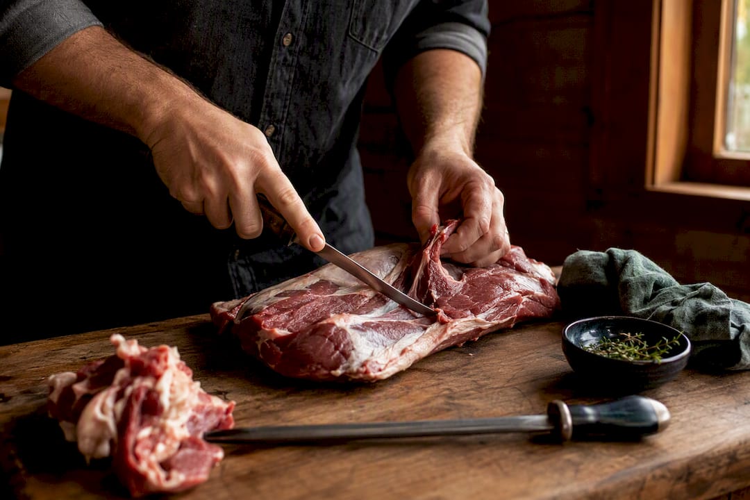 Hands cutting meat on butcher block