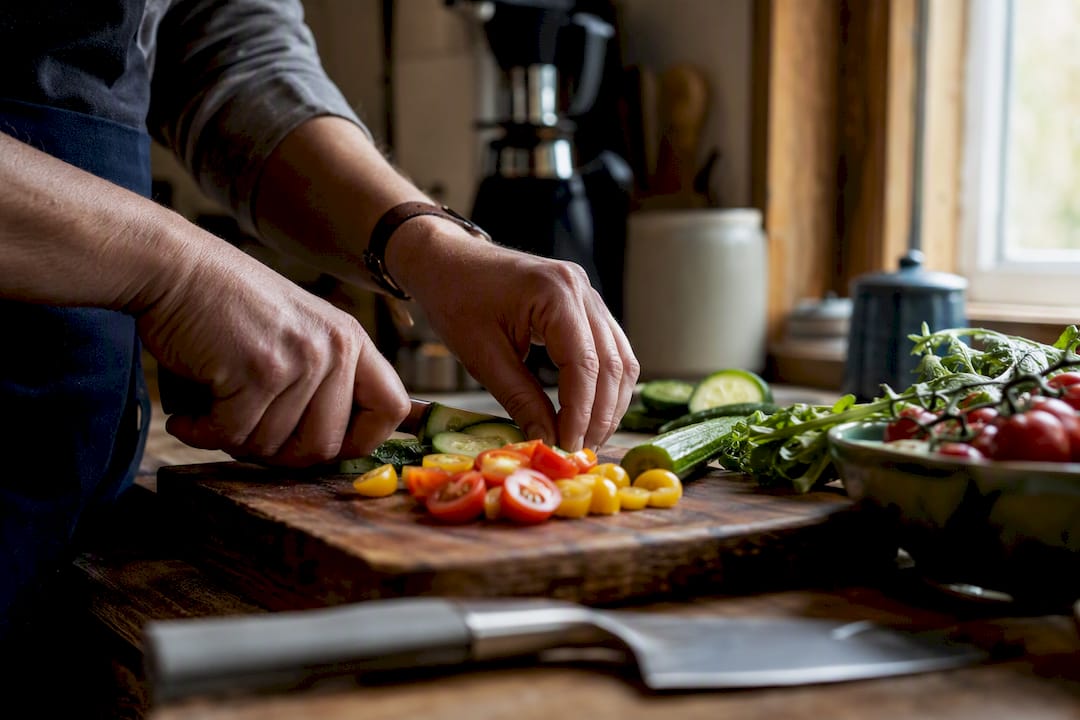 Hands chopping vegetables in warm kitchen