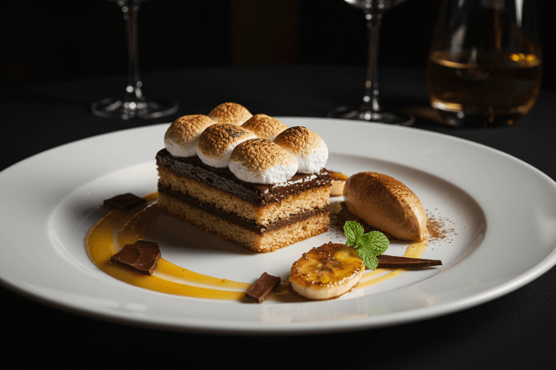 S'mores Coffee Cake with Banana Coulis and Mocha Cream - Wine Drop Cookery LLC