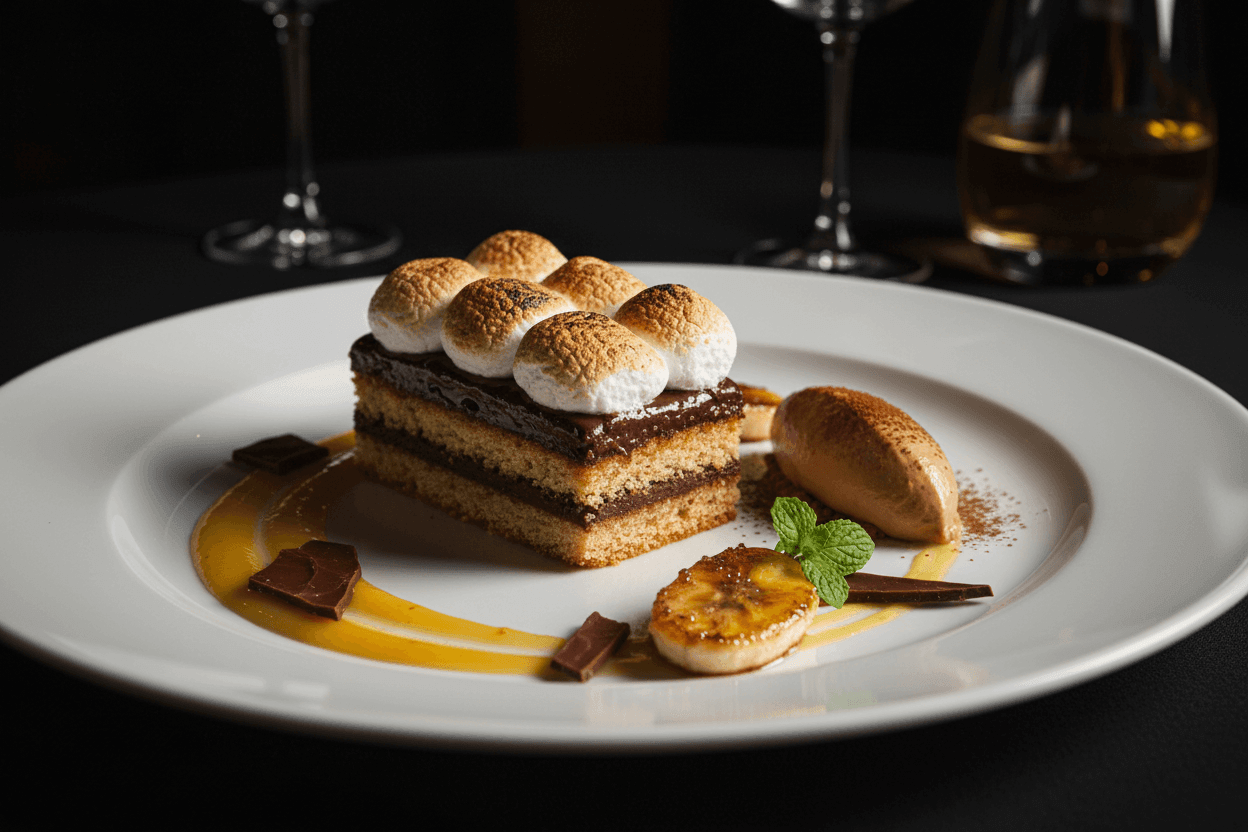 S'mores Coffee Cake with Banana Coulis and Mocha Cream - Wine Drop Cookery LLC