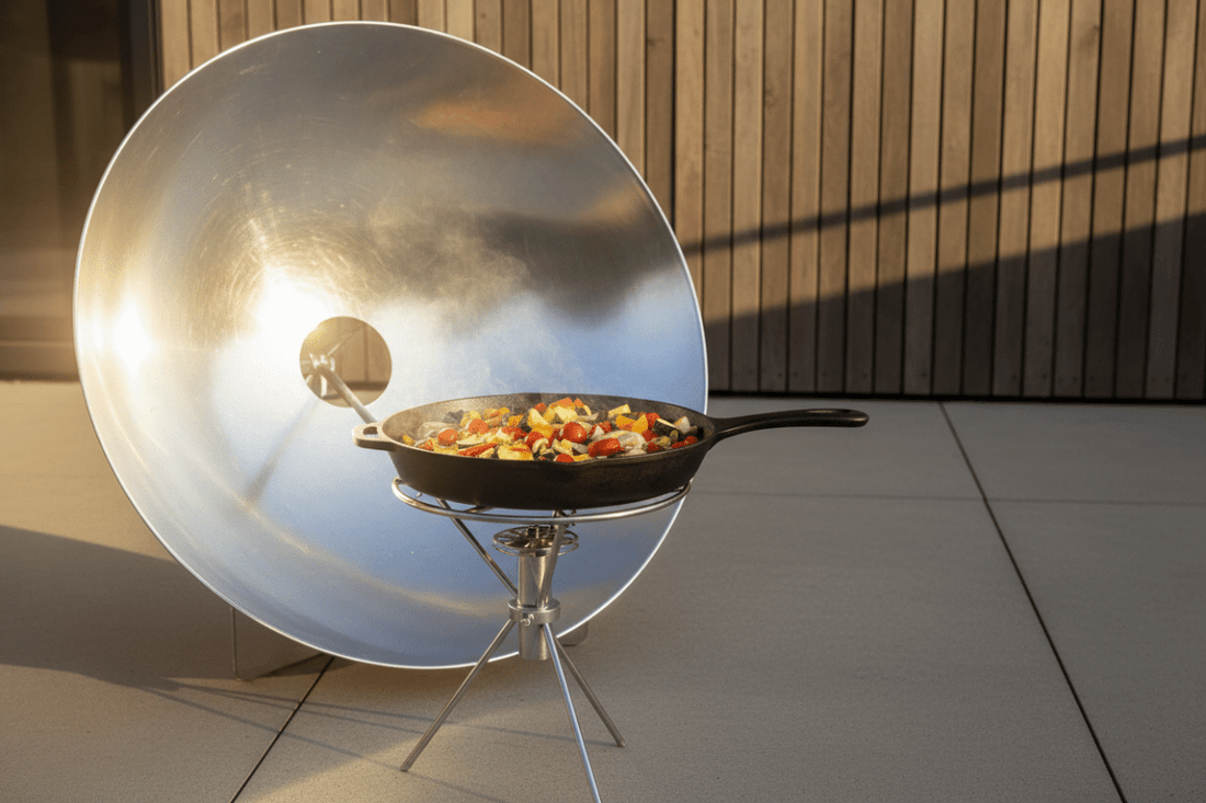 A solar cooker in direct sunlight with its reflectors angled toward the sun