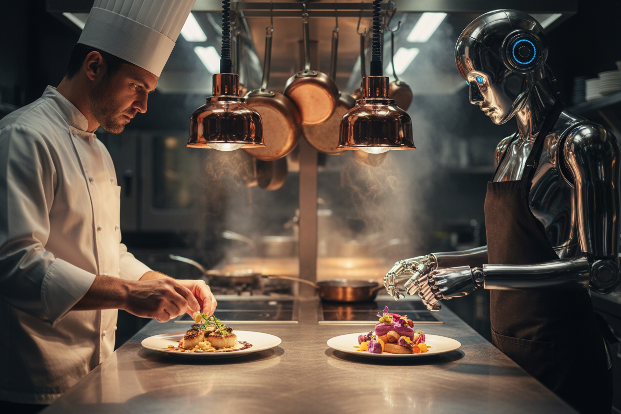 A chef working in a professional kitchen, representing human culinary craft versus artificial intelligence