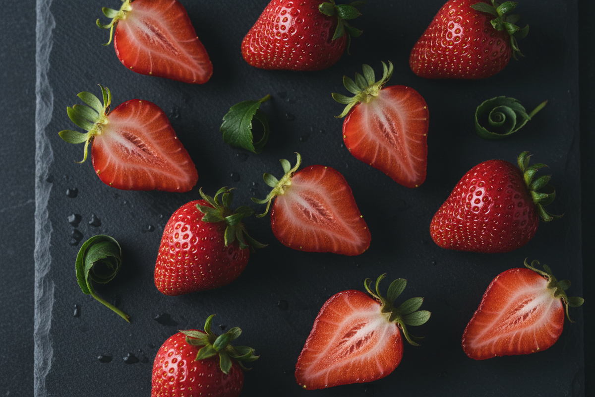  Strawberries on a black slate tray