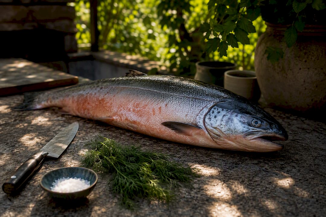 Fresh whole salmon on wooden cutting board