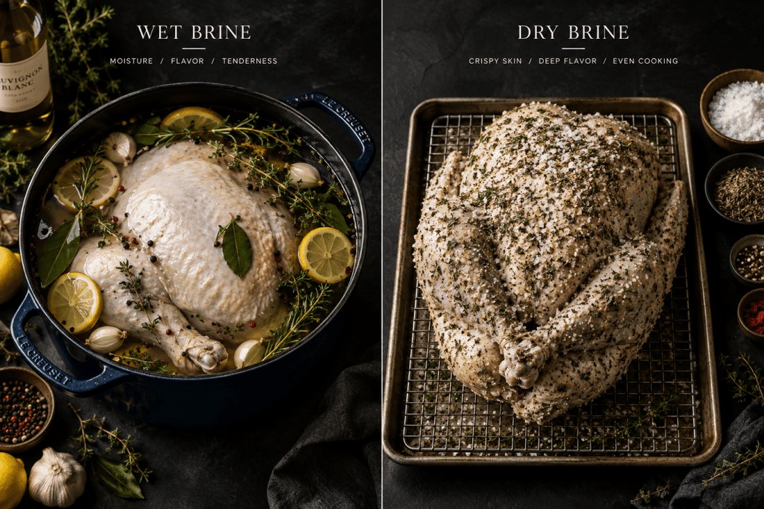 Wet brine in a Dutch oven with a turkey, lemon slices, thyme and a bottle of Sauvignon Blanc beside a turkey dry brined with coarse salt and herbs on a wire rack
