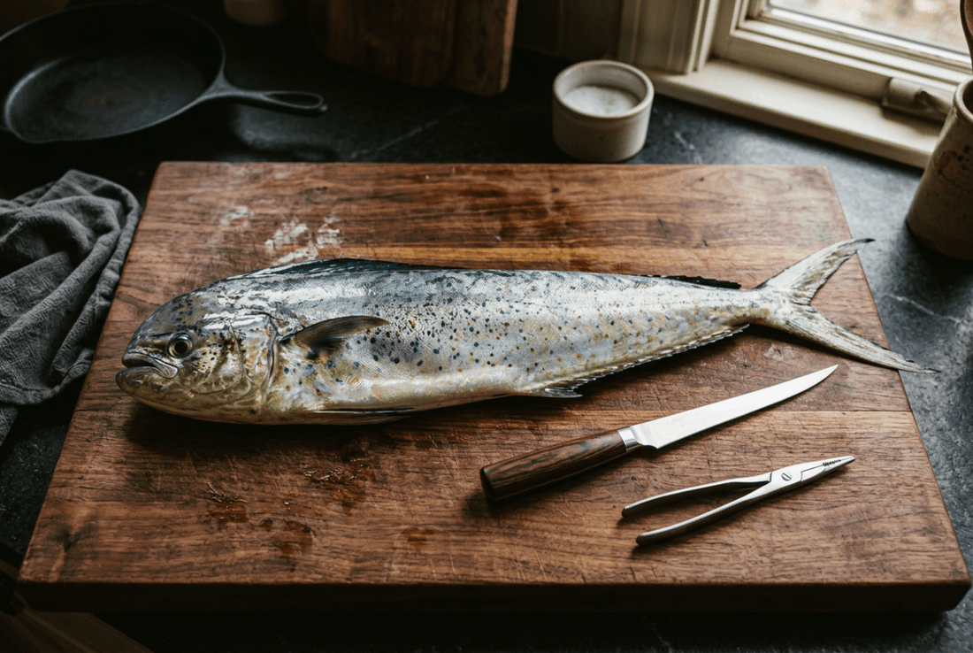 Whole fish on a wooden cutting board beside a fillet knife with a dark wood handle and a pair of fish pin bone pliers