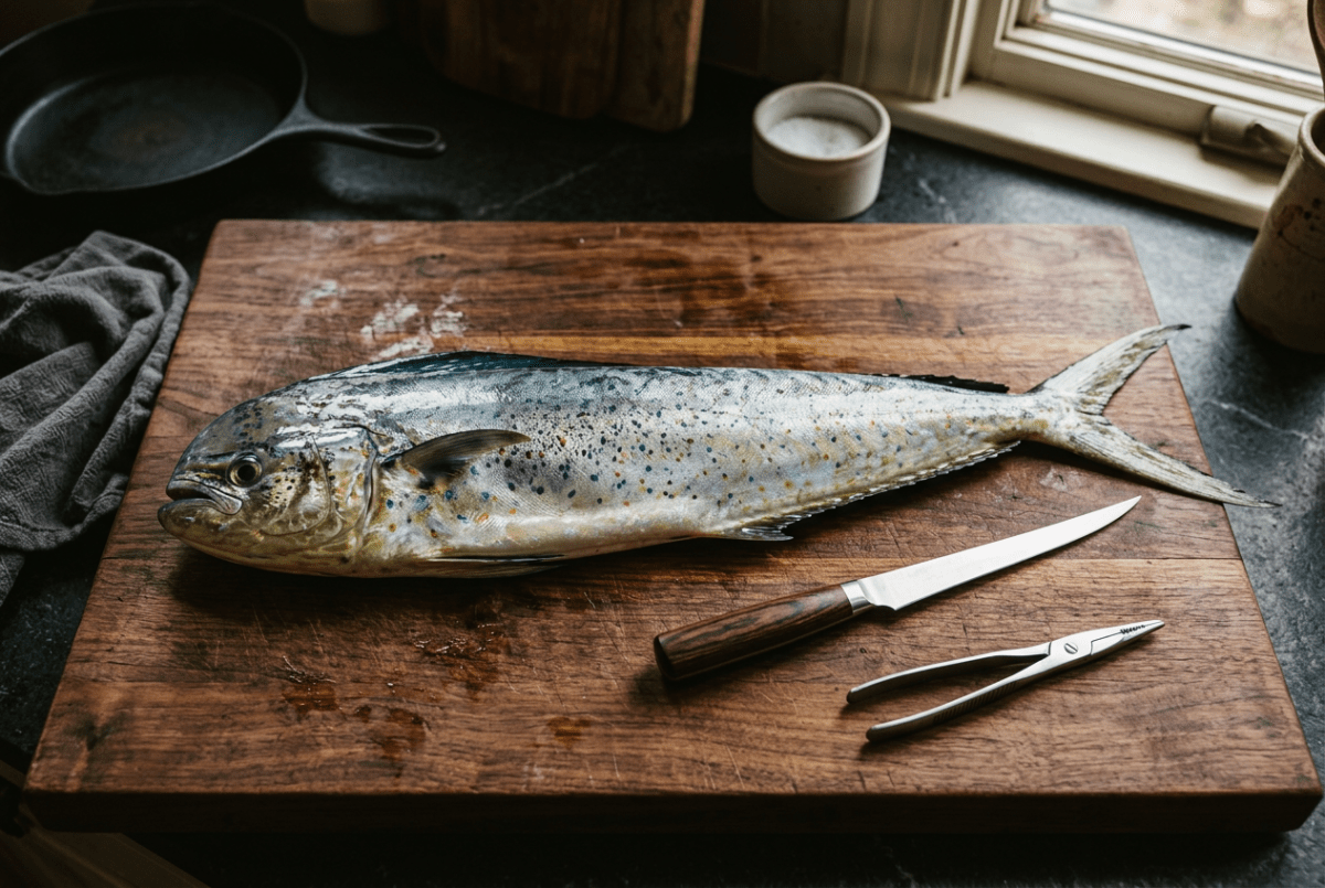 Whole fish on a wooden cutting board beside a fillet knife with a dark wood handle and a pair of fish pin bone pliers