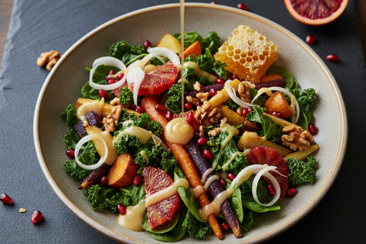 Winter Salad with Creamy Honey Comb Lemon Dressing