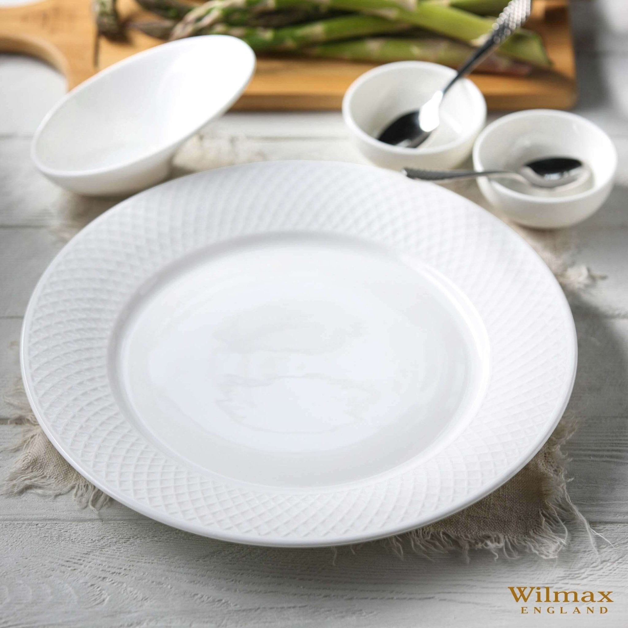 10 inch White Dinner Plate With Embossed Wide Rim - Wine Drop Cookery LLC
