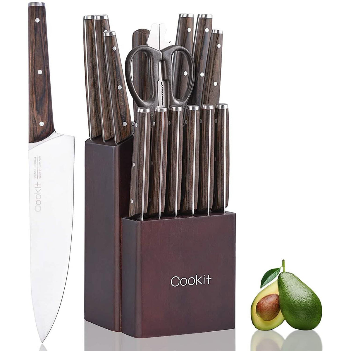 Cookit 15-Piece Knife Set with Oak Block and Wood Handles - Wine Drop Cookery LLC