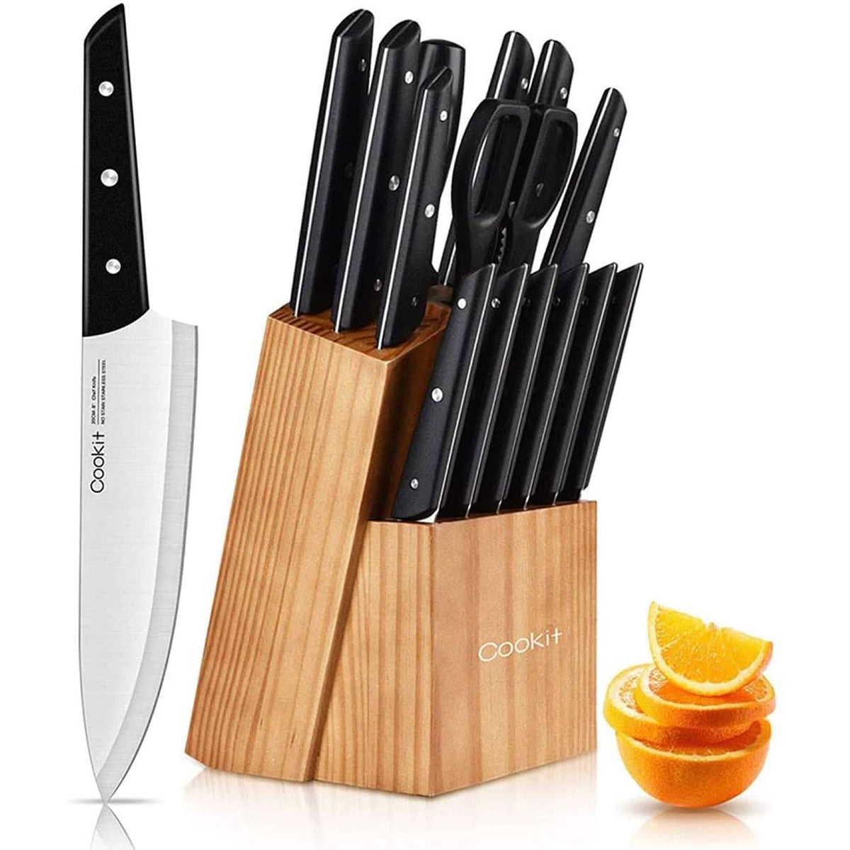 Cookit 15-Piece Knife Set with Pine Block and ABS Handles - Wine Drop Cookery LLC