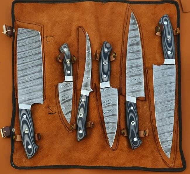 Damascus Kitchen Knives Set - Micarta & Steel Bolsters