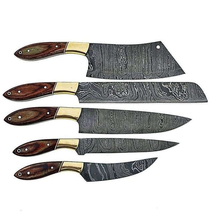  Damascus Kitchen Knives Set - Exotic Wood & Brass Bolsters