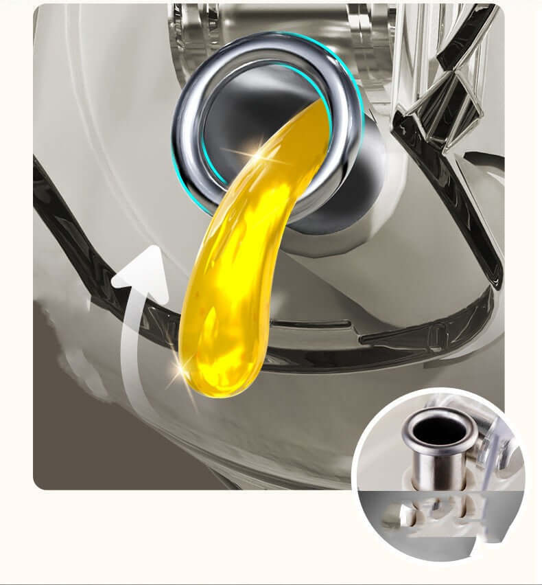 2 In 1 Oil Sprayer Bottle BBQ Cooking of oil pouring from a stainless steel spout of an oil sprayer bottle for cooking.
