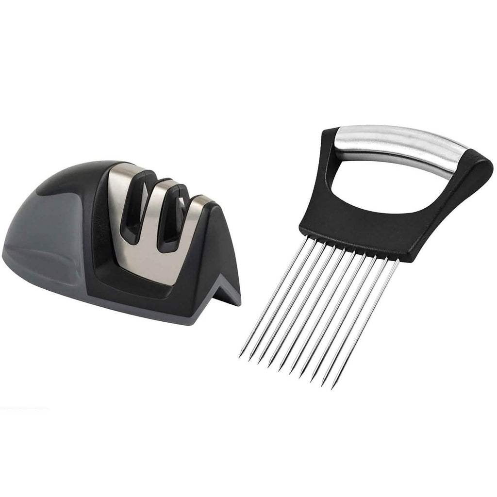 Knife Sharpener and Onion Holder for Slicing, 2-Piece Set - Wine Drop Cookery LLC