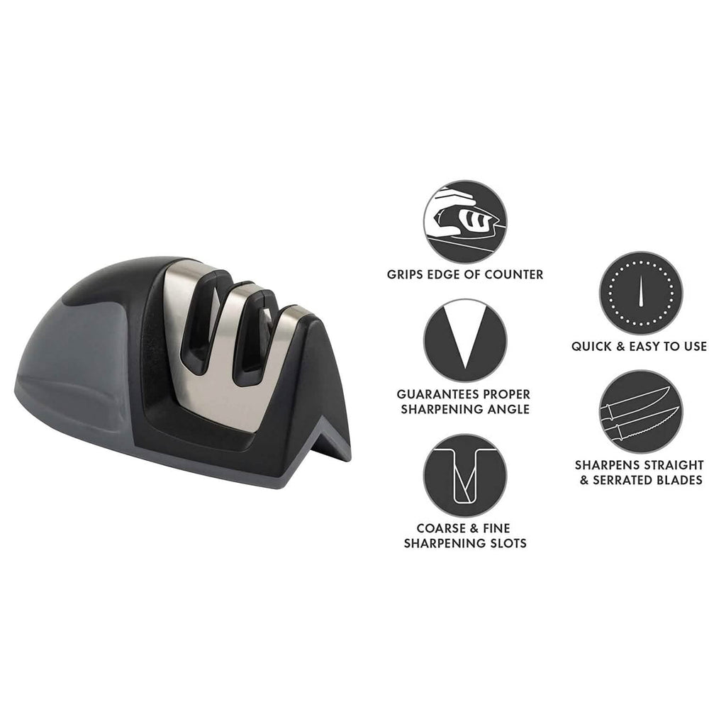 Knife Sharpener and Onion Holder for Slicing, 2-Piece Set, sharpener features - Wine Drop Cookery LLC