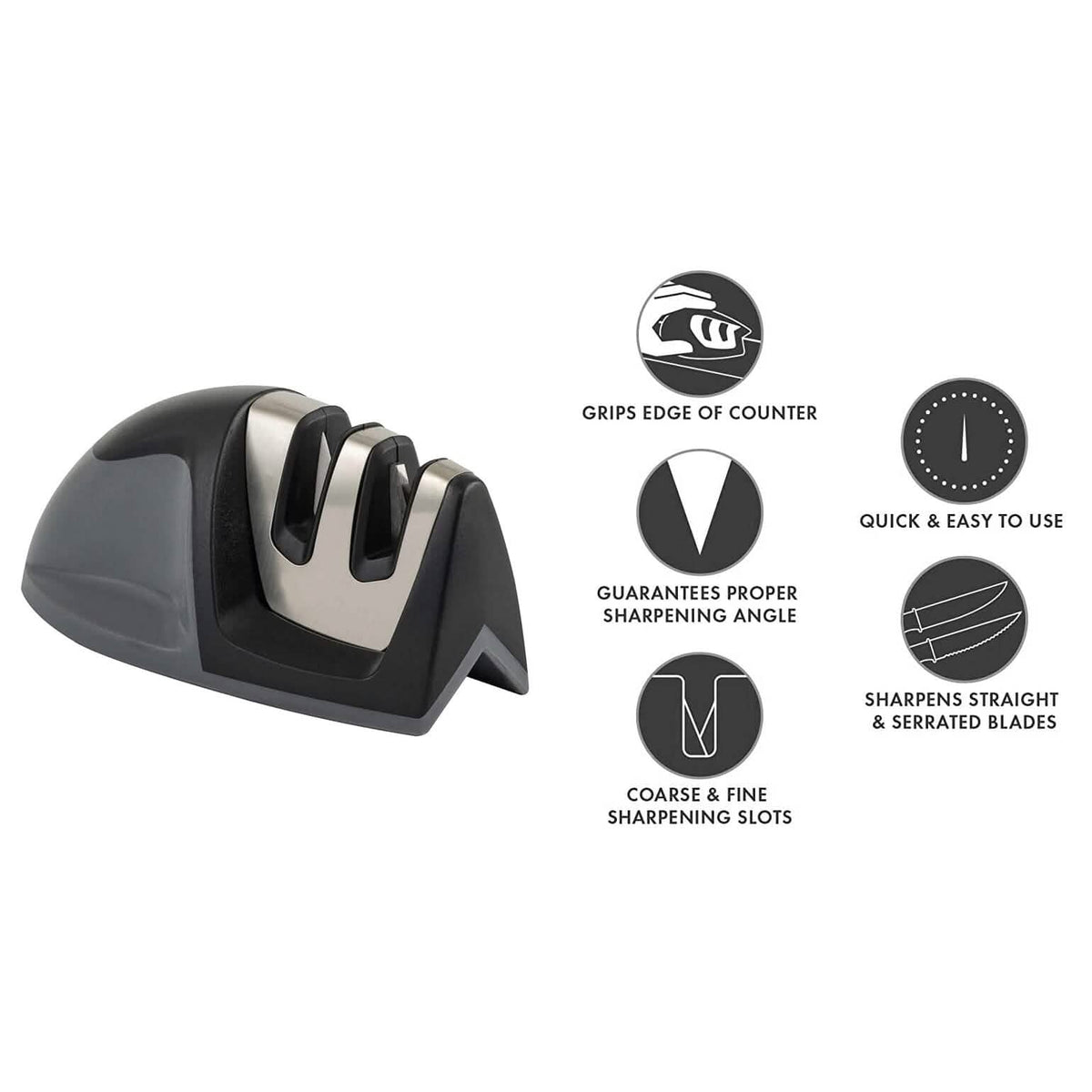 Knife Sharpener and Onion Holder for Slicing, 2-Piece Set, sharpener features - Wine Drop Cookery LLC