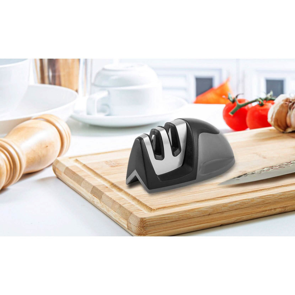 Knife Sharpener and Onion Holder for Slicing, 2-Piece Set, sharpener on a cutting board - Wine Drop Cookery LLC