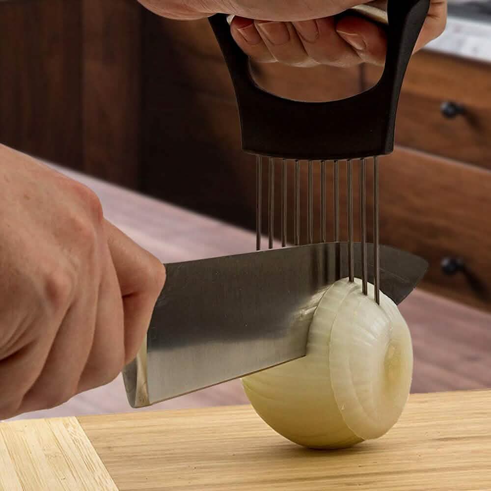 Knife Sharpener and Onion Holder for Slicing, 2-Piece Set, onion holder in use - Wine Drop Cookery LLC
