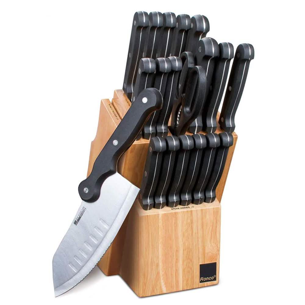 Ronco 20-Piece Knife Set, Honey Oak Block with Rocker Knife - Wine Drop Cookery LLC